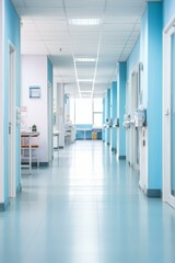 Blue hospital hallway with blue walls and blue floor