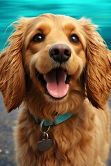 A cute brown cocker spaniel dog with a blue collar is looking at the camera with a happy expression on its face