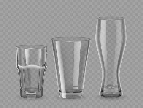 Realistic Drinking Glasses, 3d Vector Transparent Durable Glasses of Cylindrical Shapes, Tapering Towards The Base