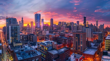 Dramatic Sunset Over Urban Skyline with City Lights Awakening