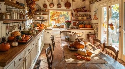 Thanksgiving Decor in Farmhouse Kitchen with Autumn Pumpkins