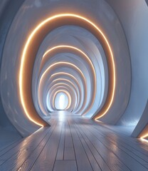 Obraz premium Futuristic tunnel with glowing rings and wooden floor