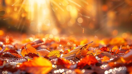Autumn Leaves Glistening with Morning Dew
