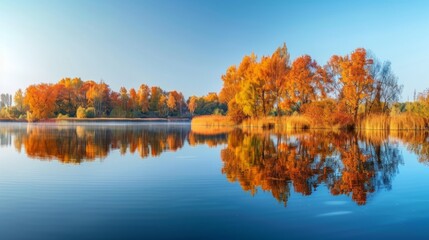 Tranquil Autumn Scene with Reflective Lake View