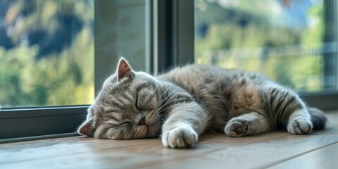 A gray cat is sleeping on the floor in front of a door. - obrazy, fototapety, plakaty