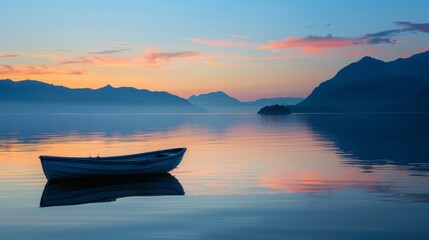 Solitary Boat on Calm Lake at Dusk