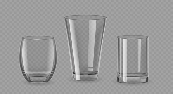 Realistic Drinking Glasses Made Of Clear Or Tinted Glass. 3d Vector Cups of Cylindrical, Rounded and Tapered Shapes