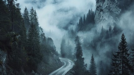 Misty Mountain Road Amidst Enchanted Forest