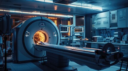 A large MRI machine is in a dark room with a few other medical equipment. The room is dimly lit, giving it a serious and professional atmosphere