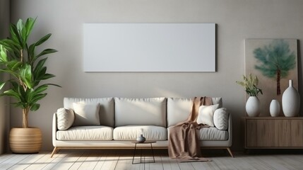 A sofa in a living room with a blank frame on the wall