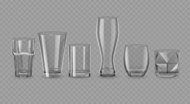 Realistic Drinking Glasses Of Different Shapes. 3d Vector Set Of Clear Sturdy Glasses For Liquids
