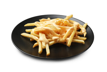 Delicious French fries with cheese sauce isolated on white