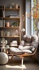 A comfortable chair sits in a living room with a large window and a bookshelf.