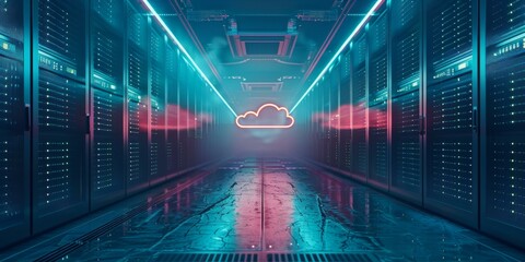 Futuristic neon glowing cloud computing data center tunnel