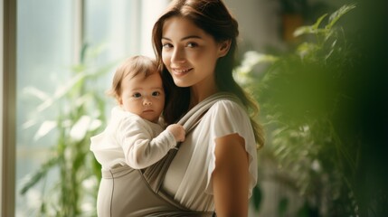 Fototapeta premium A young mother is carrying her baby in a baby carrier