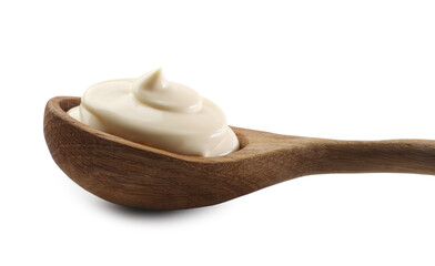 Natural yogurt in wooden spoon isolated on white