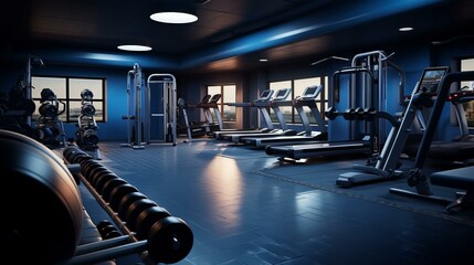 Fototapeta premium Blue modern gym interior with exercise machines and weights