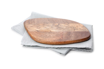 Wooden cutting board and napkin isolated on white