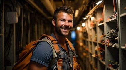 Portrait of a smiling young male electrician with a backpack standing in a dimly lit room