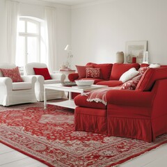 Bright red oriental rug and white furniture in living room