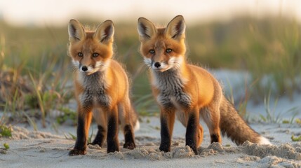 Two red foxes standing on the beach