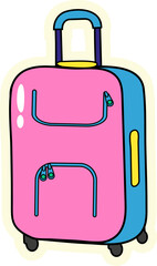 Colorful vector suitcase on wheels in doodle style. Isolated sticker of plastic and fabric luggage for tourism, travel concept, hand drawing illustration eps 10