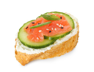 Tasty canape with salmon, cucumber and cream cheese isolated on white