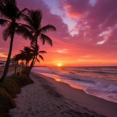 Palm trees on beach with pink sky sunset