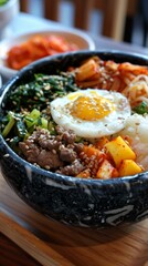 Korean food bibimbap with rice, egg and vegetables