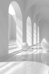 White arched hallway with marble floor and spheres
