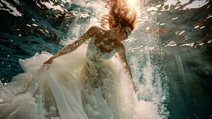 Underwater photoshoot of a woman in a wedding dress