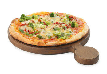 Board with delicious vegetarian pizza isolated on white