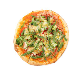 Delicious vegetarian pizza isolated on white, top view