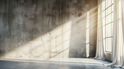 A contemporary light background with a touch of industrial aesthetic. The sunlight streams through minimalist curtains, casting geometric shadows on a concrete wall.