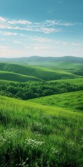 Picturesque green rolling hills landscape with white flowers in the foreground