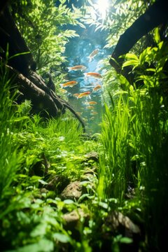 Carp fish swimming in a planted aquarium with green plants and driftwood