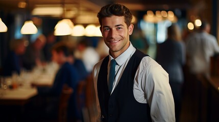 Fototapeta premium Portrait of a Smiling Waiter in a Busy Restaurant