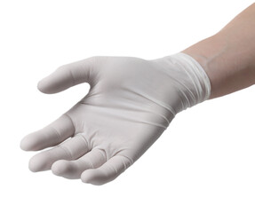 Woman wearing medical glove on white background, closeup
