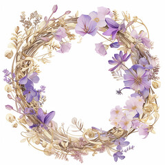 A flowery wreath with a gold frame border. The flowers are in various shades of pink and purple