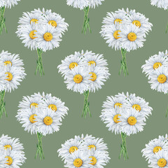 Seamless pattern of watercolour chamomile flowers bouquet. Hand drawn illustration. Botanical hand painted floral elements on green background. For print decoration, fabric, wrapping, wallpaper