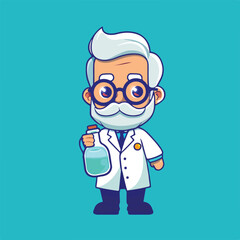 Professor mascot holding chemical liquid bottle