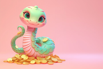 2025 cartoon snake is sitting on a pile of gold coins. The snake is smiling and he is happy. Concept of wealth and abundance