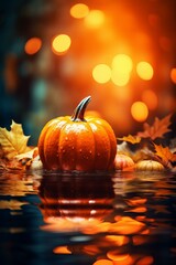 A pumpkin sits on a bed of fall leaves in a shallow pond surrounded by a blurred background of twinkling lights.