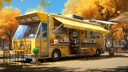 Obraz premium Yellow food truck parked in a park with autumn trees