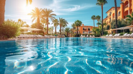 Fototapeta na wymiar Palm trees and blue water in a swimming pool with a bright sunny day