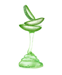 Aloe vera gel flowing down from green leaf sections on white background