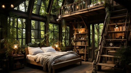 A cozy forest cabin with a bedroom and a library