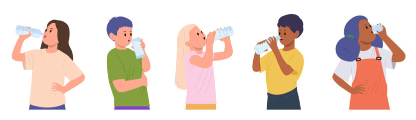 Little children isolated cartoon characters drinking water from plastic bottles and glasses set