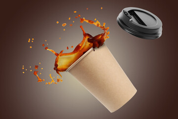Aromatic coffee in takeaway paper cup in air on brown gradient background