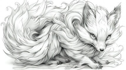   A black and white drawing of a long-haired fox sitting on the ground